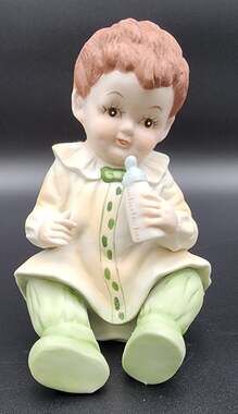 Vintage Porcelain Baby Figurine Handpainted Child with Bottle 7" Cameo Mark